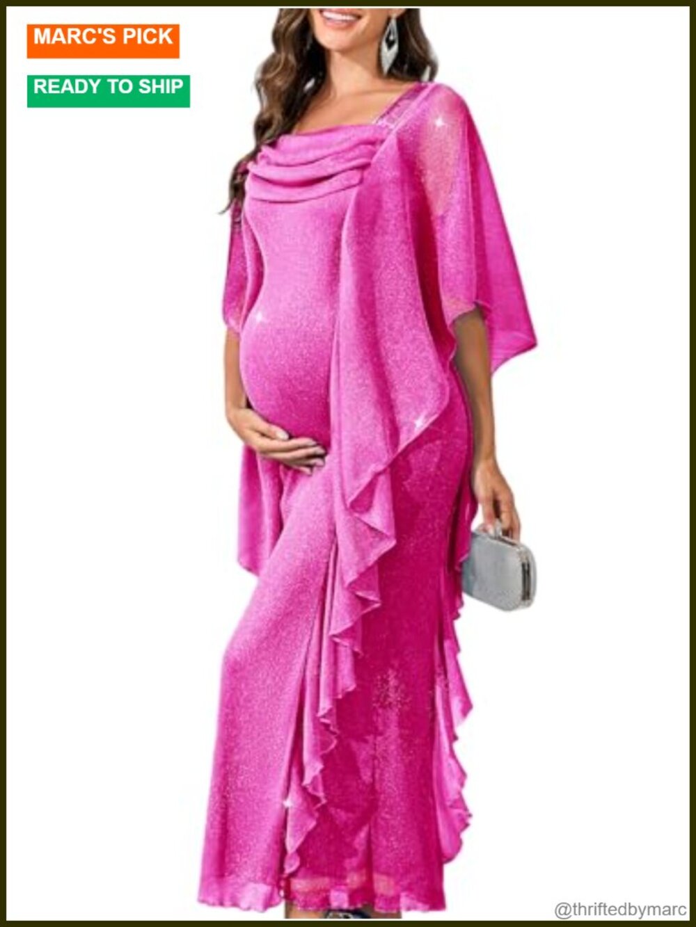 Formal Maternity Maxi Dress Ruffles Sparkly Sequin Straps Square Neck
